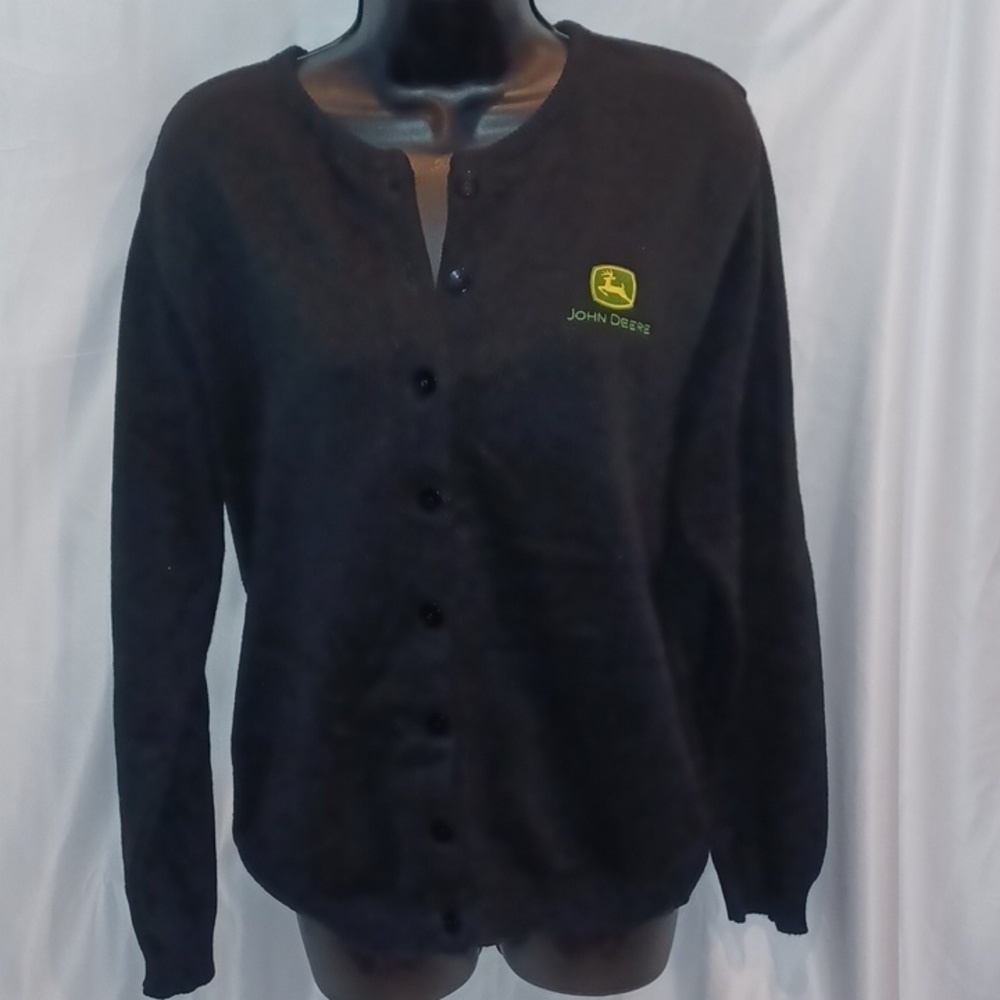 VINTAGE Andrew Rohan Edwards John Deere Black Cardigan Sweater